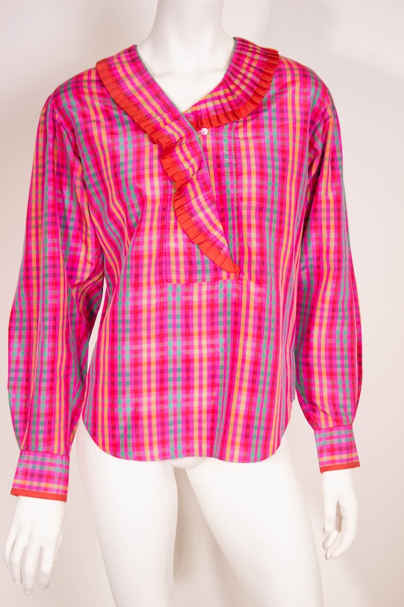 Vintage 80s Kenzo Check Blouse / Taffeta / Pink P… - image 2