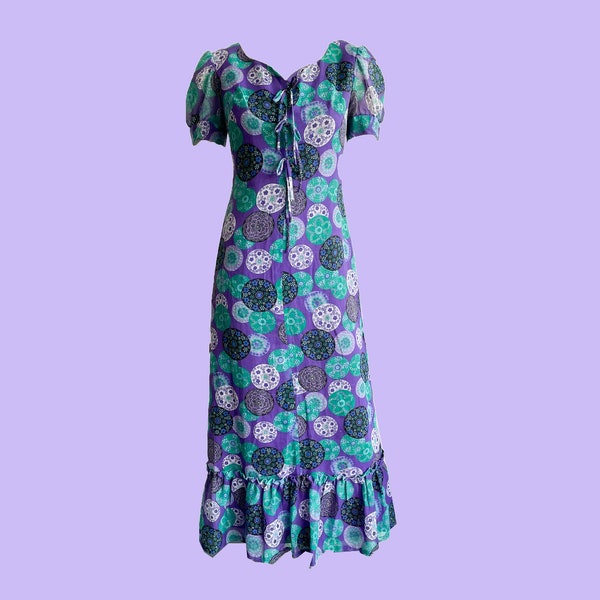 Vintage 70s Floral Maxi Dress, Purple Green and Blue Flower Print, Puff Sleeves, Floor Length, V-Neckline, Retro Print