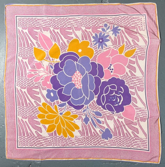 Vintage 70s Silk Lanvin Scarf, Floral Print in Pas