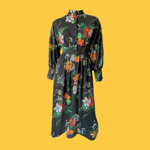 Vintage 70s Floral Midi Dress: High Neckline, Long Sleeve