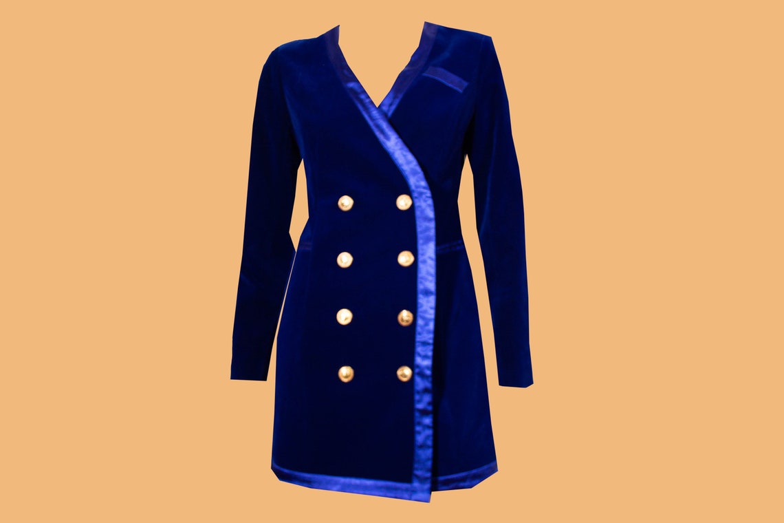 Navy Blue Velvet Blazer Gold Double Breasted Buttons V-Neck | Etsy