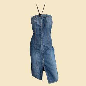 Vintage Moschino Denim Halterneck Dress: 90s Fitted Jean Dress