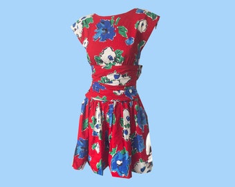 Jupe Midi Plissée Femme Vintage 90s Taille L, Rouge Noir Fleurie, Ligne A