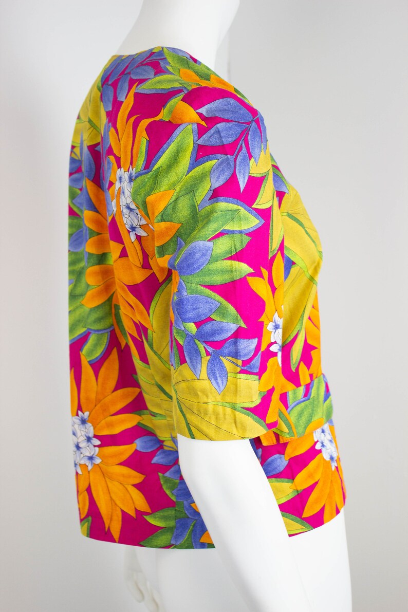 Vintage Floral Print Jacket Tropical Flower Print Lightweight Summer Jacket 1980s 80s Size 12 EU 40 Medium