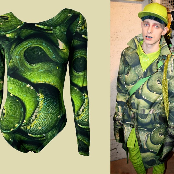 Rare Katie Eary Y2K Bodysuit, Fall Winter 2010 Collection, Green Serpent Print, Bodycon, All-in-One, Body, Stretchy