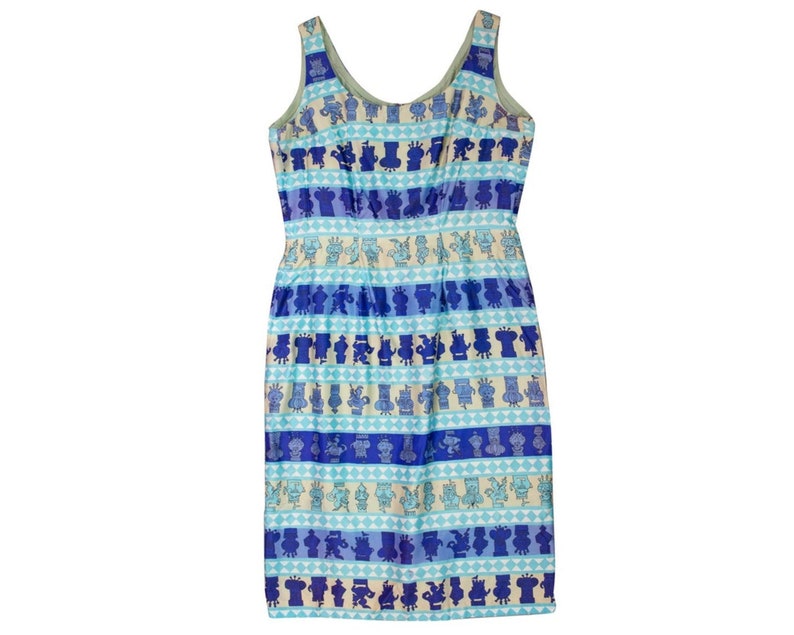 Vintage 50s Chess Print Dress Blue Novelty Print 1950s Size 14 EU 42 Plus Size Mini Dress