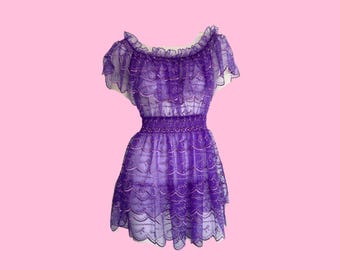 Alice McCall 'Satellite of Love' Purple Lace Mini Dress | Off-Shoulder | Sheer Embroidered Lace Party Dress Cheeky | UK 6, EU 34, US 2