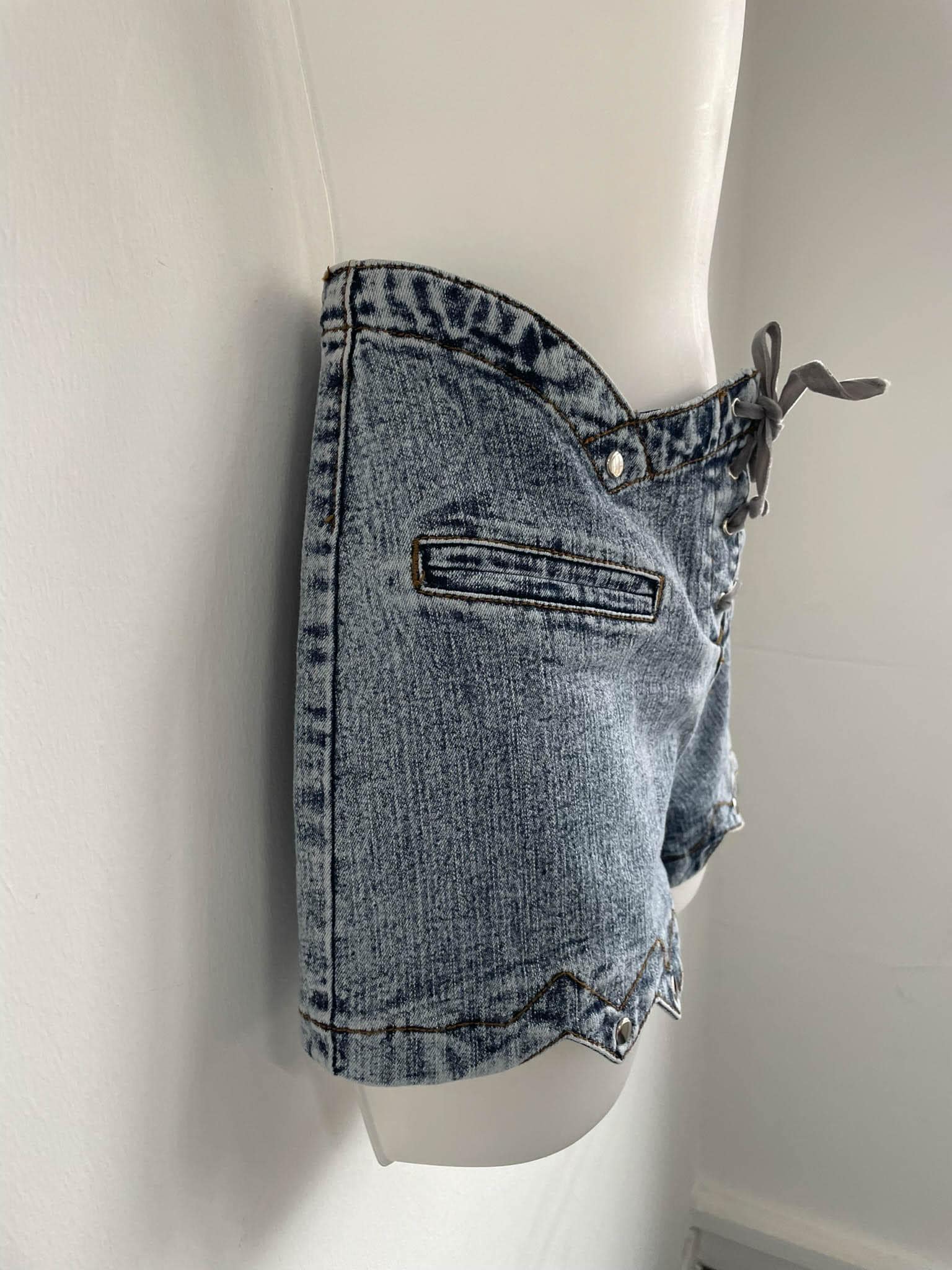 Vintage 80s Denim Shorts, Unusual Zig Zag Waistline, Lace up