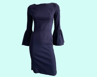 Navy Blue Fitted Wiggle Dress, Flared Sleeves, Knee Length, Pencil Skirt, Officewear, Sophisticated Workwear, Stretchy Comfortable Fabric