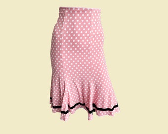 Wheels and Dollbaby Polka Dot Skirt, Baby Pink and White Spotty Print, Floaty Hemline, Rockabilly Bodycon Wiggle Skirt