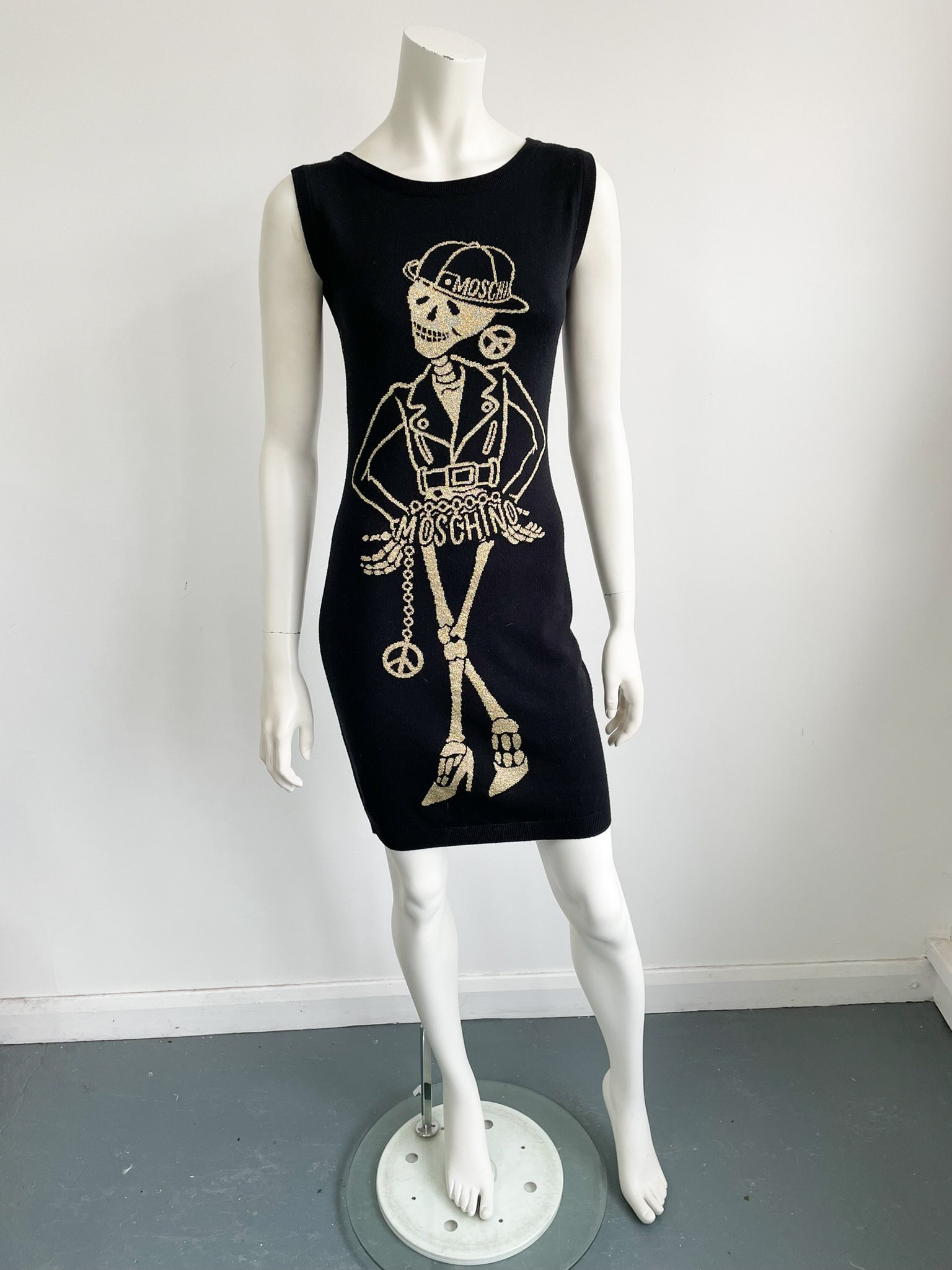Moschino Couture Skeleton Knit Dress, Gold Metallic Intarsia