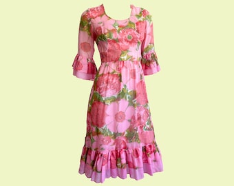 Kati by Laura Phillips Pink Dress, Vintage Floral Knee Length Dress, Floaty Sleeves and Skirt, Belted, Bright Pink Flower Print, 1970s, 70s