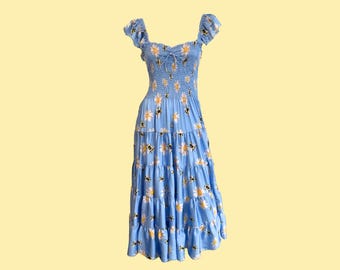 Poppy Angeloff Bee & Daisy Print Tiered Maxi Dress | Blue Smocked Milkmaid Dress, Cottagecore Gown | Size L UK 14, EU 42, US 10