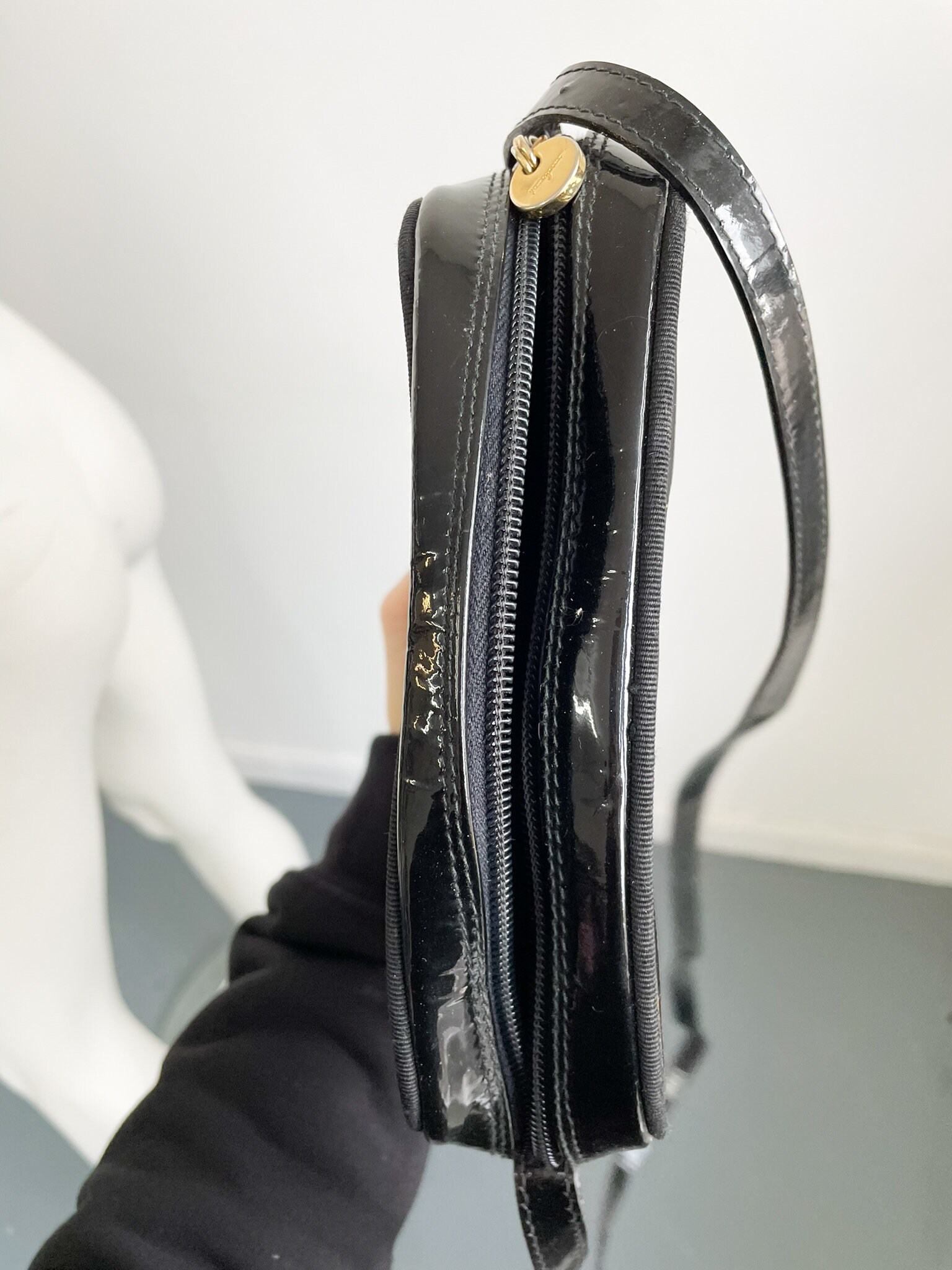 Vintage Salvatore Ferragamo Black Handbag, Patent Leather Vintage Salvatore Ferragamo Black Handbag, Patent Leather