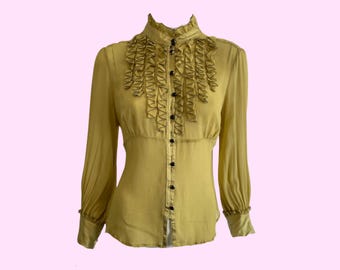 Silk Chartreuse Ruffle Front Blouse by Principles Petite | High Neck Victorian Style | Sheer Silk | Black Buttons | Size UK 16, EU 44, US 12