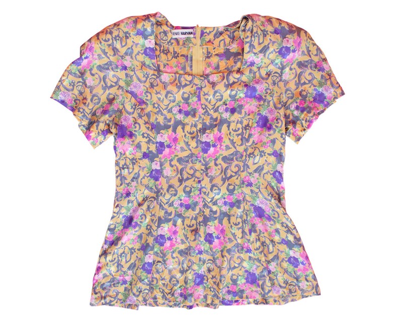 Vintage Renate Harvan Top Silk Floral Print Top Short Sleeves Fitted 80s 1980s Size 12 EU 40 Medium