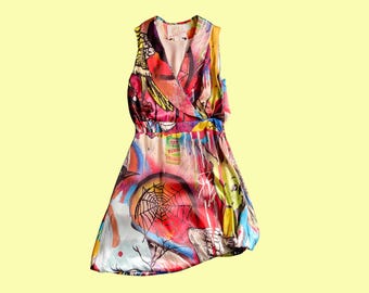 Sara Berman x Dan Baldwin Limited Edition Silk Dress | Artist Collaboration Graffiti Art Print | Wrap Mini Dress, UK 10, EU 38, US 6