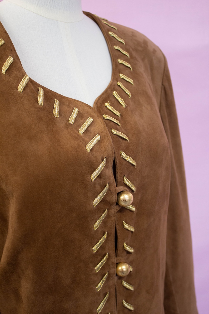 Vintage Bruno Magli Suede Jacket Brown Suede Gold Detail Size