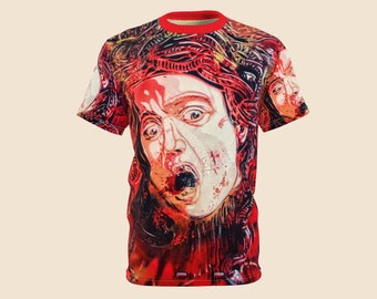 Red Medusa Unisex T-Shirt, All Over Print, Mythology, Unusual Quirky Novelty Print Top, Italian Street Art Design, Size S - XXL