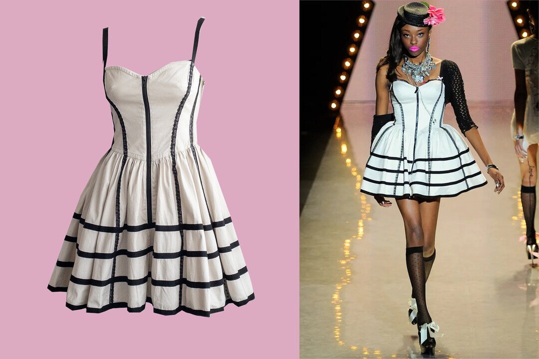 Betsey Johnson SS2012 Dress, Cream and Black Lace Bustier Dress, Skater