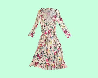 Moschino Cheap & Chic Butterfly Floral Wrap Dress | Ruffle V-Neck Long Sleeve Midi | Cream Pink Print | Designer Vintage | UK 8, EU 36, US 4
