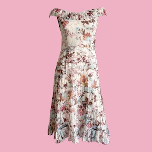 Vintage 90s Anna Sui Floral Print Dress | Pastel Coloured Feminine Elegance | Knee Length | Sleeveless, 1990s, Size 4 US, UK 8