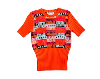 Vintage Anna Sui Jeans 90s Logo Knit Top | Logomania | Orange Ribbed Sweater | Short Sleeve | Designer Vintage | UK 6, EU 34, US 2