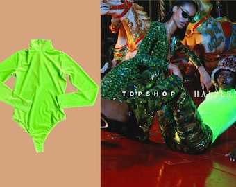 Body en velours vert fluo, col roulé, Halpern pour une collaboration Topshop, style disco rave de l'an 2000, collaboration de créateurs en édition limitée