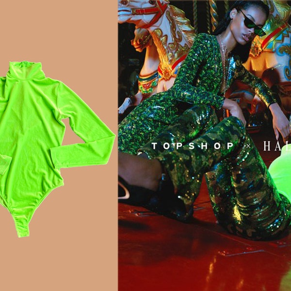 Neon Green Velvet Bodysuit, Turtleneck, Halpern for Topshop Collaboration, Y2K Disco Rave Style, Limited Edition Designer Collab