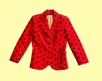 Chloé Red Corduroy Blazer | Paisley Flocked Print | 3/4 Sleeve Fitted Jacket | Patch Pockets | Designer Vintage | UK 8, EU 36, US 4