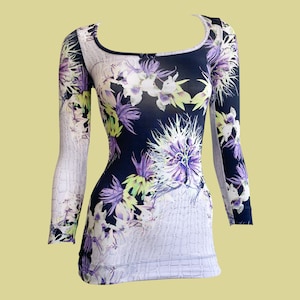 Y2K Just Cavalli Floral Snakeskin Top: Purple Green Half Sleeve (Size XS)