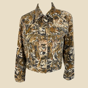 Vintage 80s Kenzo Jeans Cotton Jacket, Animal Print, Big Cats, Button Down Heavy Denim Jacket, Long Sleeves, Size M