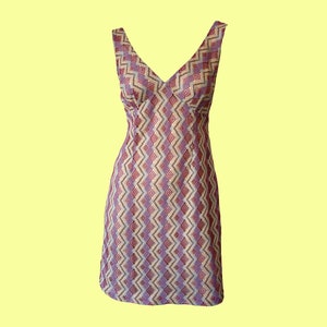 Vintage Anna Sui Pinafore Dress, Zig Zag Knit, Rainbow Motif, V-Neckline, ca. 1998, 1990s, 90s, Size S, Small