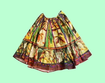 Mix Nouveau Art Print Cotton Skirt | Tiered Sequin Embellished Skirt | Art Nouveau Face Print | Maximalist Boho Skirt, UK 10-12, EU 38-40