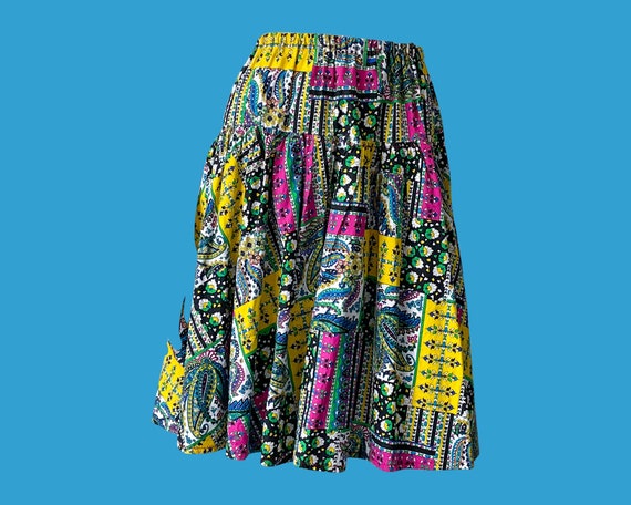 Vintage Patchwork Print Cotton Skirt,A-Line, 1970… - image 1