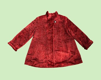 1980s Michel Alexis Paris Vintage Red Faux Fur Coat – Textured French Designer Jacket, Made in France, Size 18, EU 46