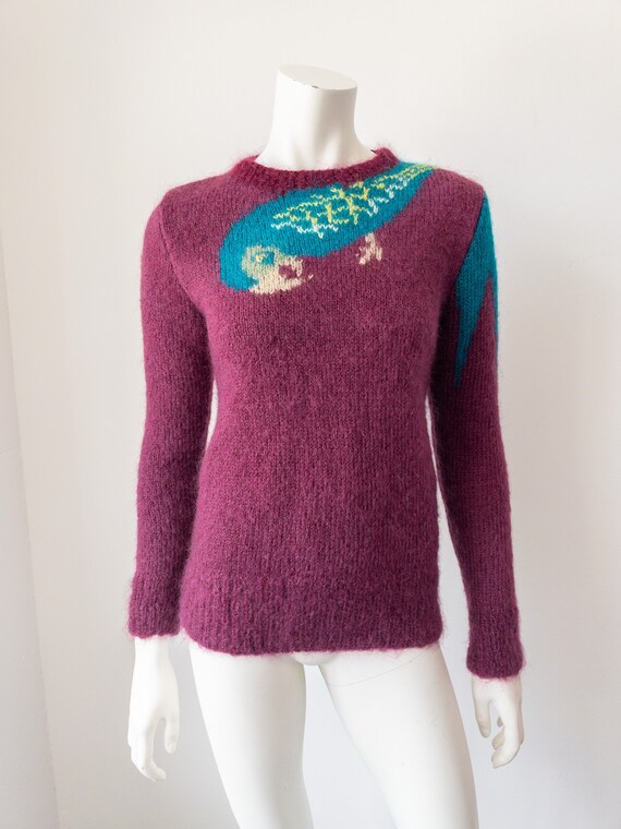 80 年代のオウム柄ジャンパー、モヘア ウール、ノベルティ、茄子紫  