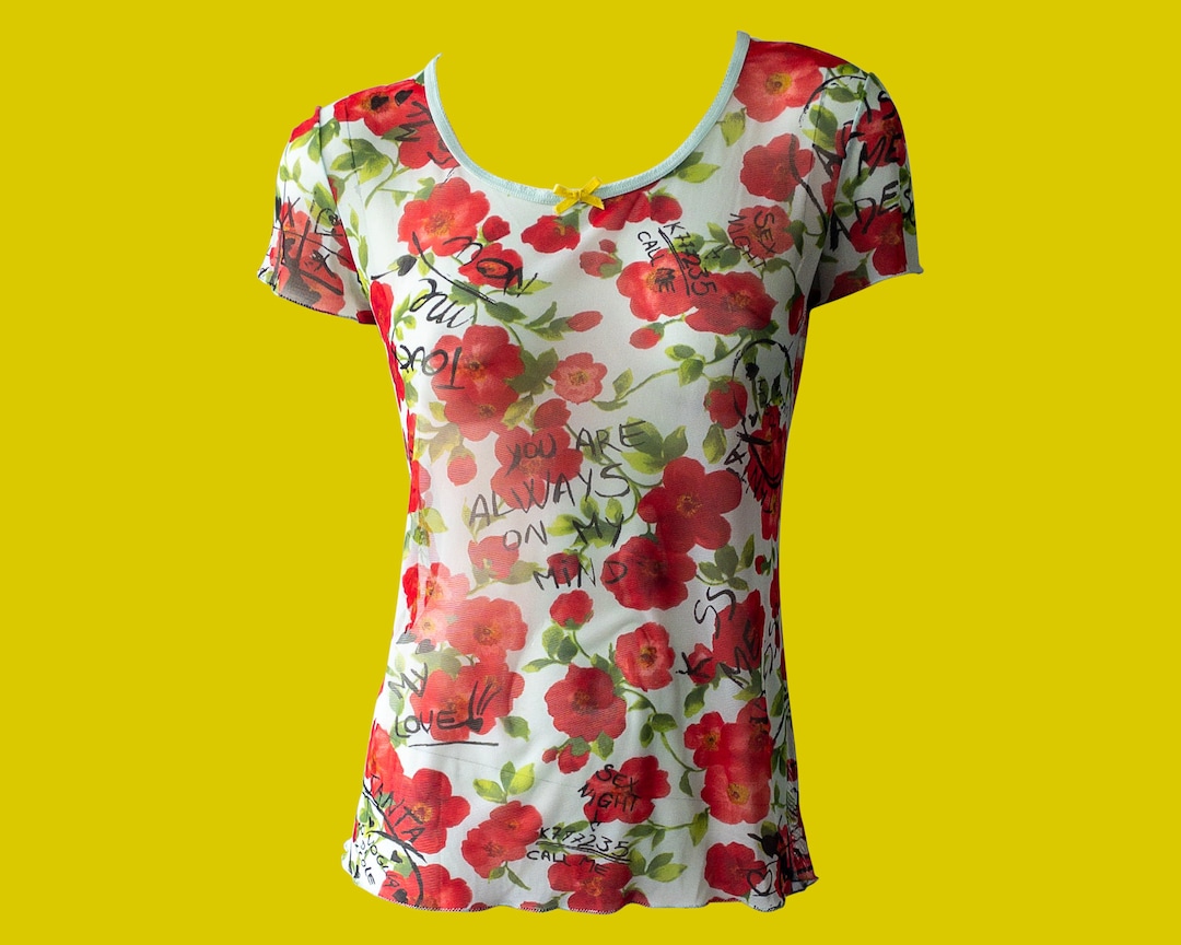 Y2K Dolce and Gabbana Mesh Top, Rose Print, Floral Motif, Short
