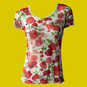 Y2K Dolce and Gabbana Mesh Top, Rose Print, Floral Motif, Short Sleeved, Scribbles, Scoop Neckline, D&G Top