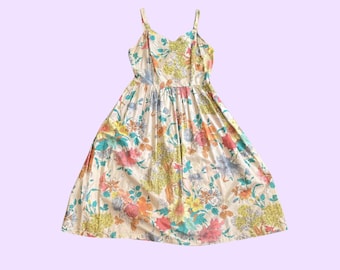 Vintage Handmade Floral Cotton Sundress | Pastoral Print | Romantic, Full Skirt | Cream Multicolour | Summer Dress, Size 10, EU 38, US 6