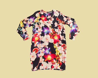 Romance Was Born Silk Photographic Floral Tunic Dress | Orchid & Blossom Print | Black Multicolour | Long Sleeve | Size 10 UK, EU 38, US 6
