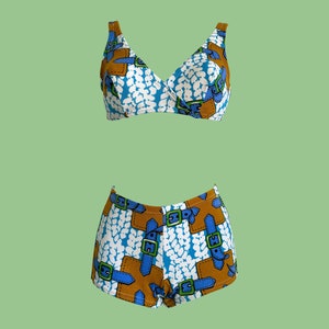 Vintage 60s Bikini Two Piece, V-Neckline Bikini Top and Boy Shorts Style Bottoms, Funky Trompe L'Oeuil Belt Design, Blue, Brown and White