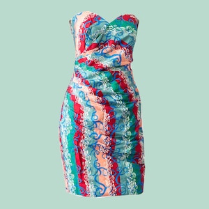 Vintage 80s Pleated Gather Wiggle Dress, Sweetheart Neckline, Bustier Knee Length Cocktail Dress, Ribbon and Floral Print
