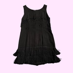 Vintage 50s Flapper Style Dress, Magliane Boutique Brussels Bespoke Dress, Little Black Dress, Beaded Detail and Fringed Hem, Size Small