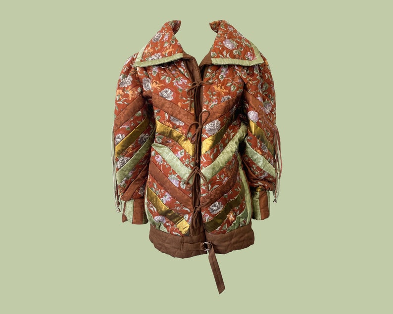 Avant Garde 80s Rich Rags Coat, Patchworked, Floral Print, Flower, Quirky, Unusual, Brown and Gold with Tassels, 1980s, One of a Kind Design image 1