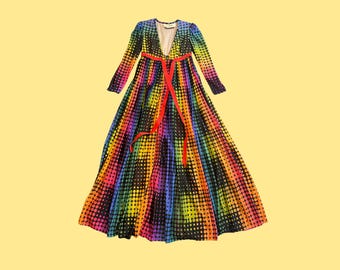 Jean Varon 1970s Psychedelic Maxi Dress | Rainbow Polka Dot Op Art Print | Empire Waist V-Neck | Long Sleeve | Designer Vintage | Size XS-S
