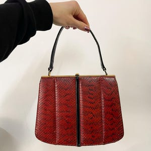 May include: A red snakeskin clutch bag with a black handle and gold clasp.