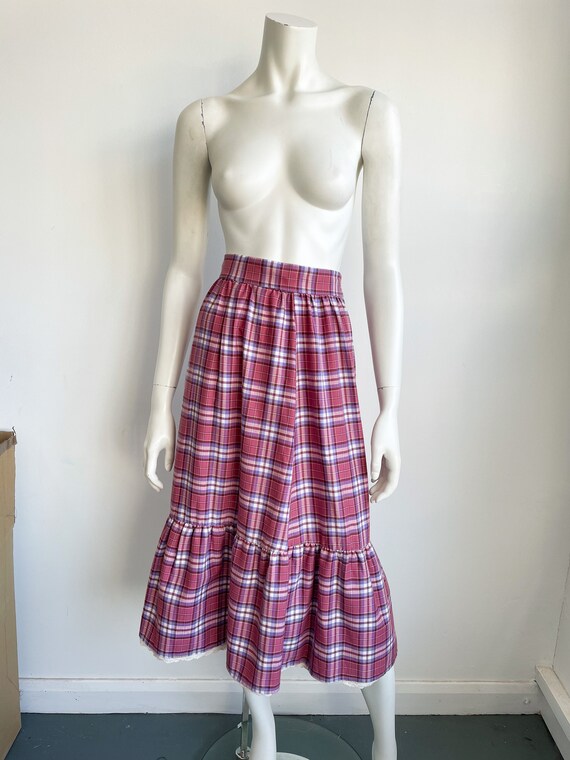 Vintage Tartan Pink Knee Length Skirt Plaid Check Tiered Ruffle Hemline High Waisted 1970s 70s Dusky Pink Cottagecore Etsy UK