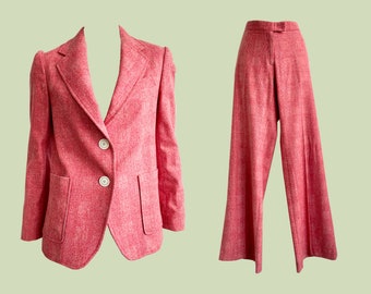 Isabel Marant Red Trouser Suit, Red and Cream Tweed Fabric, Button Down Blazer and Bootcut Trousers, Size 2 FR, Designer Two Piece