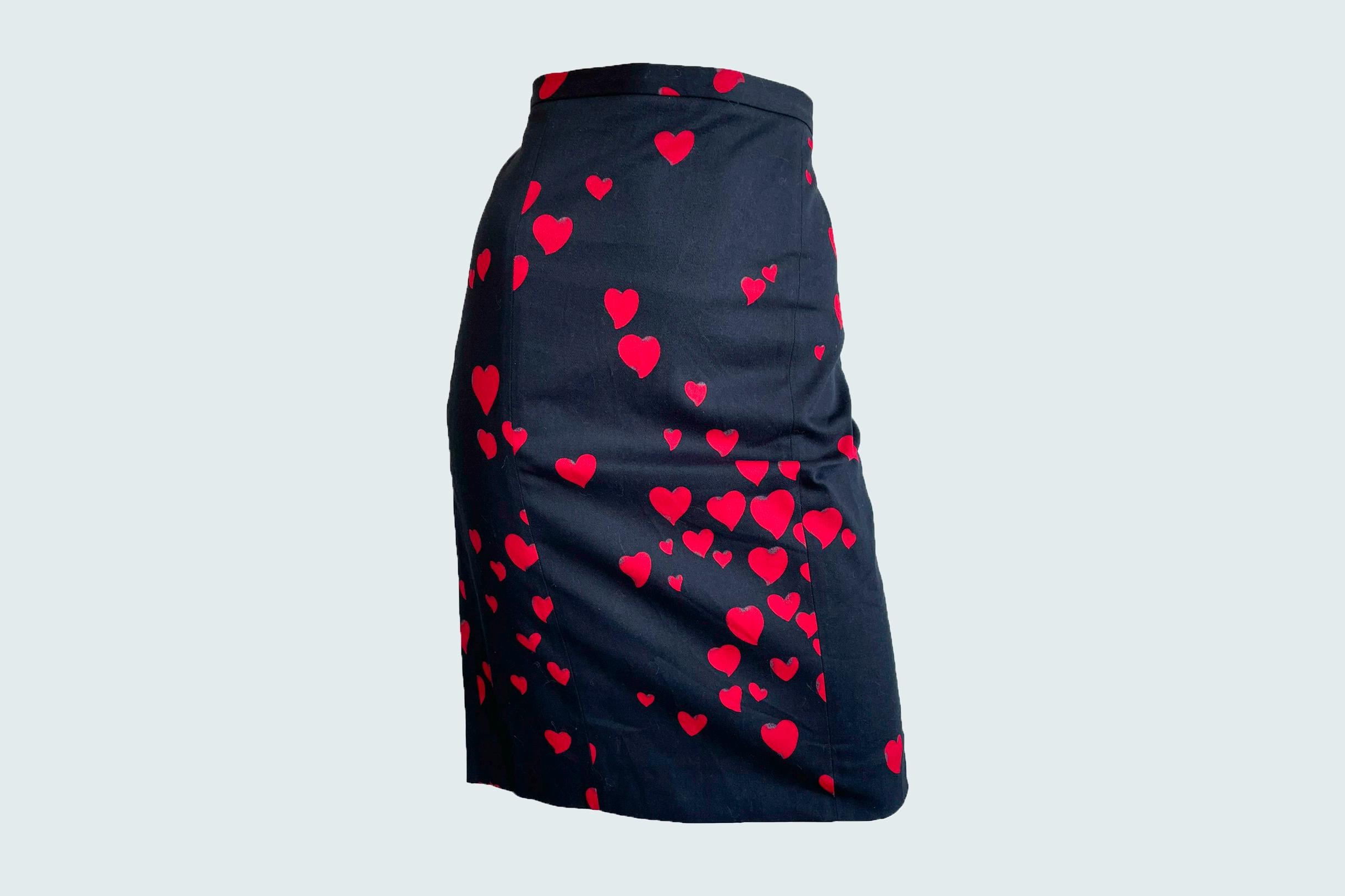 Y2K Moschino Heart Print Pencil Skirt, Red and Black, Size